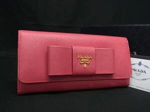 1円 ■美品■ PRADA プラダ サフィアーノレザー リボン 二つ折り 長財布 ウォレット 小銭入れ 札入れ レディース ピンク系 FF1260