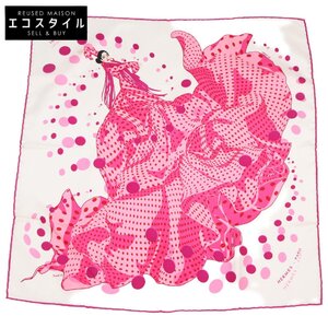 美品 HERMES エルメス iHOLA FLAMENCA! オラ・フラメンカ シルク100% カレ40 スカーフ アイボリー/ピンク レディース