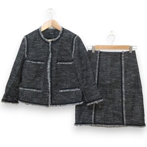 美品 Theory セオリー REVEUR ALABASTER URBAN TWEED ツイード ノーカラージャケット+ひざ丈スカート セットアップ 00/0 ブラック系 ◆