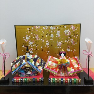 ☆42☆　大ハンドメイド　お雛様　ひな人形　ぼんぼり&台座付き　友禅和紙　折り紙