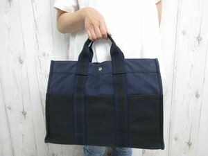 極美品 HERMES エルメス フールトゥMM トートバッグ ハンドバッグ バッグ キャンバス 紺×黒 A4収納可 メンズ 75766