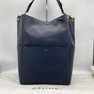 1円 ◎美品◎ CELINE セリーヌ サングル バケット ハンドバッグ ショルダーバッグ ミディアム ネイビー 金ロゴ レディース レザー 本革