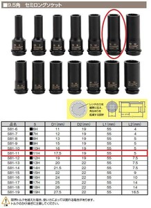 【TIP TOP】インパクト用　セミロング　ソケット　S81-11　9.5角　直径19mm　11mm　ナット用　単品　整備用品