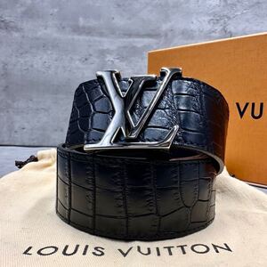 1円■極美品■ ルイヴィトン LOUIS VUITTON メンズ リアルクロコダイル アリゲーター サンチュール LV ベルト バックル ビジネス 黒 