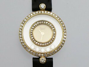 【 ショパール CHOPARD 】 腕時計 20/3957 ハッピーダイヤモンド 2重ダイヤベゼル 5Pダイヤ K18YG/革 クォ―ツ レディース □新着 01588-2