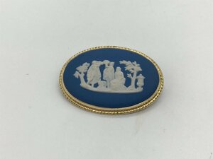 ■【YS-1】 美品 ■ ウェッジウッド WEDGWOOD ブローチ ■ カメオ ジャスパー ブルー × GP ゴールド 全長4,3cm 【同梱可能商品】K■