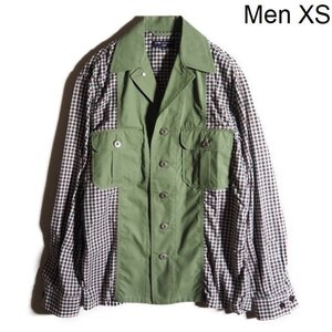 J9821f14●COMME des GARCONS HOMME コムデギャルソンオム● 新品 オープンカラー ドッキングシャツジャケット カーキ チェック XS rb mks