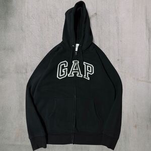 GAP スウェット パーカー ブラックメンズS●洗濯プレス済●ギャップ ロゴ フード トレーナー ジップアップ 裏起毛 刺繍ワッペン 古着/85