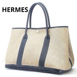 送料無料 HERMES エルメス トートバッグ ガーデンパーティー PM トワルアッシュ □F刻印 Herms グレージュ系 フランス製