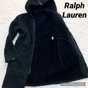 美品 希少羊革 ラルフローレン Ralph Lauren リアルムートンコート ロング ジャケット ボア フーディ フルジップ 黒 ブラック メンズ 極暖 