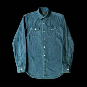 RRL 30s Style Chin Strap Cotton Linen Indigo Work Shirt ダブルアールエル 30年代型 チンスト インディゴ ワークシャツ 通気孔 vintage