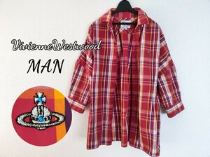 Vivienne Westwood MAN ヴィヴィアンウエストウッド マン オーブ 刺繍 ドルマン チェック柄 7分袖シャツ 赤