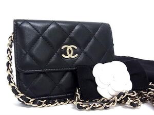 1円 ■美品■ CHANEL シャネル ココマーク カメリア マトラッセ ラムスキン リボン チェーン ミニバッグ カードケース ブラック系 EA2754