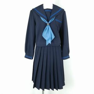 1円 セーラー服 スカート スカーフ 上下3点セット 160A 冬物 青2本線 女子 学生服 中学 高校 紺 制服 中古 ランクC NA9018