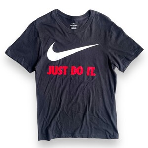 NIKE ナイキ 半袖 ロゴ JUST DO IT プリント Tシャツ コットン ポリエステル 丸首 トップス カットソー TEE USED 古着 L ブラック 黒