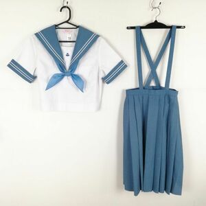 1円 セーラー服 スカート スカーフ 上下3点セット 夏物 白2本線 女子 学生服 熊本鹿南中学 白 制服 中古 ランクC EY0529