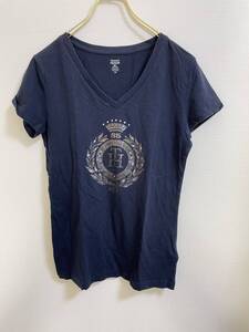 TOMMY HILFIGER 半袖Tシャツ ロゴ柄　Vネック ネイビー Sサイズ レディース トミーヒルフィガー 紺色 ( E-01 1113 )