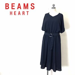 R1312-U-N◆BEAMS HEART ビームスハート ワンピース 半袖 アンクル丈 無地 ウエストマーク エレガント◆size不明 ネイビー ポリエステル