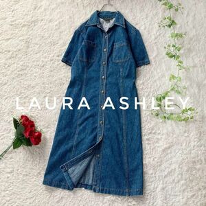 ローラアシュレイ　デニムシャツワンピース　ひざ丈　半袖　ブルー　Mサイズ　Laura Ashley