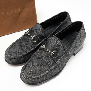 GQ0309*イタリア製《GUCCI グッチ》GG柄 ホースビットローファー スリッポン モカシン Size 36C キャンバス×レザー 靴 ブラック