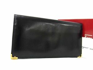 1円 ■極美品■ Salvatore Ferragamo フェラガモ レザー 二つ折り 長財布 ウォレット 札入れ カード入れ ブラック系 BI2901