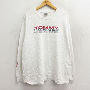 XL/古着 トミーヒルフィガー トミージーンズ 長袖 ブランド Tシャツ メンズ 90s ビッグロゴ 大きいサイズ コットン クルーネック 白 ホ