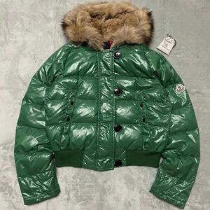 M相当★MONCLER BULGARE モンクレール ブルガリ ダウンジャケット ファー ロゴ ワッペン 替えボタン付 緑 グリーン レディース 1 アウター