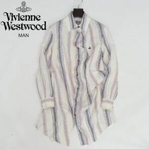 ◆Vivienne Westwood MAN ヴィヴィアンウエストウッド マン リネン100％ マルチストライプ柄 オーブ刺繍 変形 ロング シャツ 46