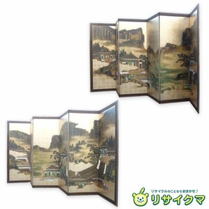 【中古】K▼屏風 六曲 一双 唐 人物 中国 山水 (37938)