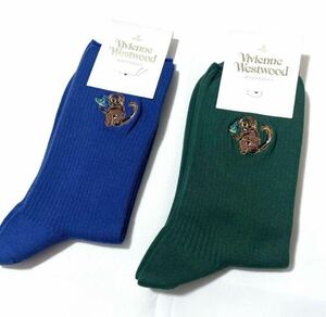 新品【 Vivienne Westwood ヴィヴィアン ウエストウッド 】日本製 メンズ 紳士用 ソックス 2点 靴下 モンキーオーブ グリーン ブルー 各1