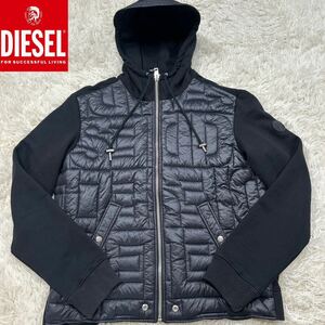 【幻のXL】最高傑作 極美品 DIESEL ディーゼル エンボスジャケット パーカー XLsize 黒 中綿ナイロン切替【浮かび上がるDIESEL】極上品