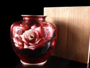 【雲】某資産家買取品 赤透釉薔薇図七宝花瓶 飾壷 高さ21.5cm 箱付 古美術品(花器花入旧家蔵出)AY1954 OTdrfe