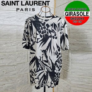 新品 未使用 正規品 SAINT LAURENT PARIS Tシャツ サンローランパリ 綿 コットン100％ 黒 白 総柄 メンズ M