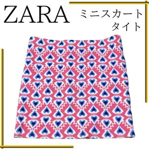 【1点物】 ザラ zara レディース スカート ミニ タイトスカート ハート ピンク 青 s ｍ 春 夏 カラフル 美脚 ウエストゴム スタイリッシュ