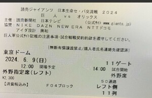 手渡し！【6月9日（日）】日本生命セ・パ交流戦2024 読売ジャイアンツVSオリックスバファローズ外野指定席レフトチケット 巨人VSオリックス