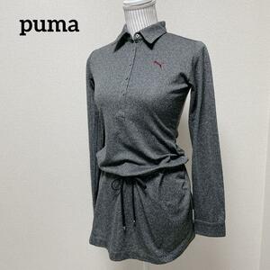 プーマ　puma ゴルフウェア　ゴルフワンピース　長袖ワンピース　四角柄　総柄　ダークグレー　Mサイズ　ウエストリボン