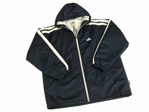 美品*adidas アディダス*紺×白*メンズ*フード付き*フルジップ中綿ジャンパー*アウター*L*大きいサイズ*秋冬