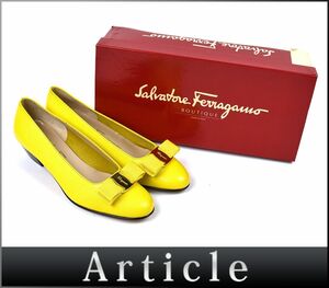 172495□美品 Ferragamo フェラガモ ヴァラリボン パンプス ローヒール 靴 6C 23.5cm 型押しレザー イエロー 黄色 レディース 箱付/ F