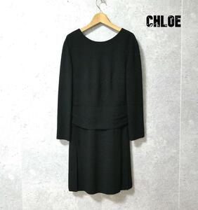 美品 Chloe クロエ バックスリット サイズ36 クルーネック 長袖 膝丈 ワンピース 黒 ブラック