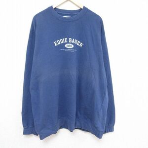 XL/古着 エディーバウアー Eddie Bauer 長袖 スウェット メンズ 00s ビックロゴ 大きいサイズ ロング丈 クルーネック 薄紺