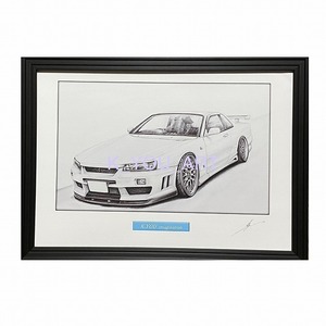 日産 NISSAN スカイライン R34 25GT クーペ【鉛筆画】名車 旧車 イラスト A4サイズ 額付き サイン入り