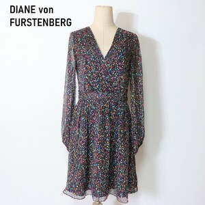 DIANE von FURSTENBERG ダイアンフォンファステンバーグ 膝丈ワンピース シルク 裏地有 総柄 黒 ブラック ４ YC123