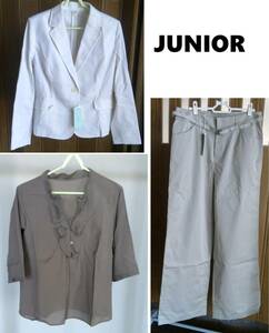 《送込》(Y4)【JUNIOR(ジュニアー）】3点セット（ジャケット・ブラウス・パンツ）　サイズ48（B96～100)　綿・ポリ　未使用