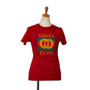 グッチ ヴィンテージロゴ プリント Tシャツ 半袖 サイズ：12 475740 レッド マルチカラー コットン レディース GUCCI 【中古】