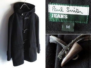 希少 90sビンテージ Paul Smith JEANS ポールスミス ジーンズ チンスト付 レザー/水牛トグル ウールメルトン ダッフルコート M 黒 ブラック