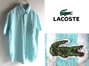 ネコポス対応 LACOSTE ラコステ CH668S ワニロゴワッペン ストライプ リネン BDシャツ 3 ミントグリーン ホワイト ボタンダウン 春夏