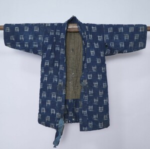 25 蔵出し【 縞 絣 藍染 半纏 野良着 】boro ボロ 襤褸 法被 厚手 着物 古布 民藝 時代物 リメイク ジャパン ヴィンテージ アンティーク