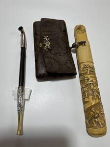 煙管入れ　牙製　金金具　口金　胴乱　細密彫刻　金工師　蒔絵保存箱付き