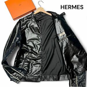 美麗品◎XXLサイズ!!エルメス【即完売モデル】HERMES セリエボタン ライダース ナイロン ジャケット ショルダー ライン ブラック◎メンズ