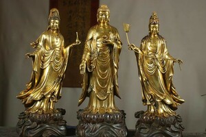 48cm大型 古銅器 秘藏 清代【銅胎金 西方三聖佛像一套 古寺院恭請供奉 風水置物】 中國文玩 古美術品 置物 高超的做工 精美的器型6.3